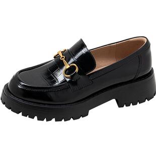 康莉乐福鞋女春秋新圆头厚底鞋英伦风时尚粗跟金属扣小皮鞋一脚蹬