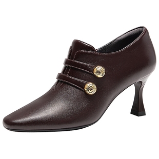 千百度羊皮细高跟踝靴女2025秋冬新款通勤小短靴尖头气质时装靴