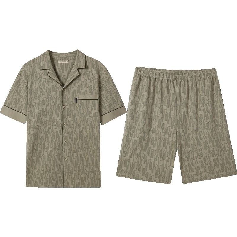秋鹿针织棉男士家居服短袖五分裤简约小翻领纯棉睡衣夏款男款套装