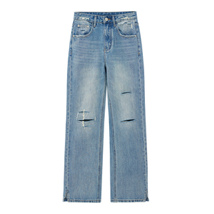 REMOUDL 2025春夏新款浅蓝美式高腰割破直筒破洞牛仔女裤脚口开叉