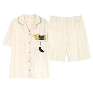 兰秀美【超柔软】纯棉情侣款短袖短裤睡衣女夏季卡通小猫家居服男