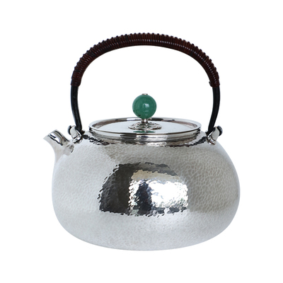 纯银时代锤纹足银玉摘烧水壶茶壶