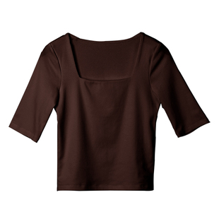 纯棉咖色方领中袖打底衫T恤女2025新款大领口低领五七分袖上衣
