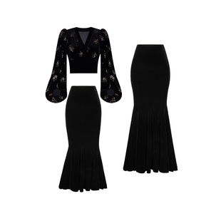 XULU原创气质丝绒拼接压花V领泡泡袖上衣修身性感包臀半身鱼尾裙