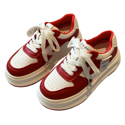 板鞋中国红厚底真皮休闲鞋