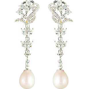 强光天然淡水珍珠精致璀璨爪镶锆石925银针耳环花草优雅长款耳夹