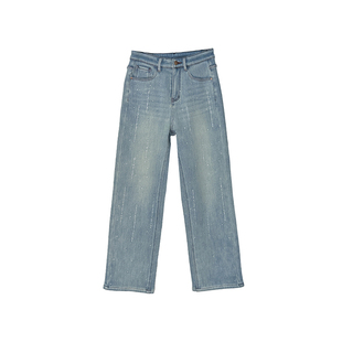 回头率up！~buling烫钻牛仔裤女秋冬新款保暖加绒窄版直筒长裤子