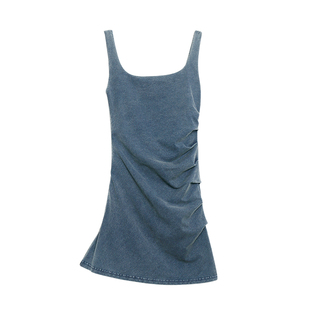 alex stevens肯豆方领吊带连衣裙女夏季收腰褶皱紧身短款包臀裙子