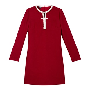 YINER音儿专选2026春季新款优雅小香风亮丝肌理撞色圆领H型连衣裙