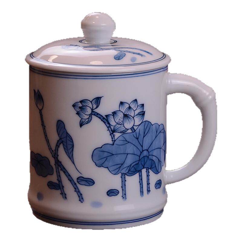 贵和祥热卖青花荷花带盖陶瓷杯手绘办公杯景德镇会议泡茶老板水杯