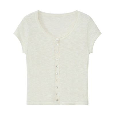 CountryMoment法式慵懒竹节棉短款修身开衫正肩T恤女夏季短袖上衣