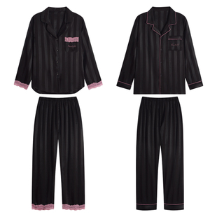 礼盒装情侣睡衣冰丝长袖女春秋黑色高级感男士夏季轻奢家居服套装