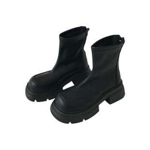 小sun家 黑色厚底马丁靴2025新款韩国chic方头显瘦瘦瘦靴秋冬短靴