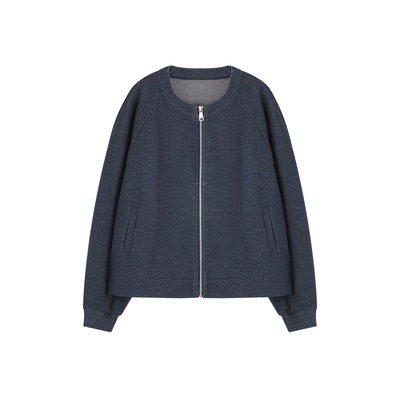 XWI欣未通勤百搭仿牛仔夹克外套女春圆领下摆收腰设计感休闲上衣