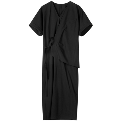 LESS春秋休闲收腰系带长裙女不规则极简优雅短袖连衣裙2O7G14770