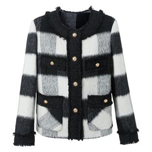 三彩2024冬季格纹双面呢大衣短款香风毛边圆领毛呢外套优雅女M