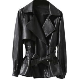 海宁绵羊皮短款外套女系带收腰真皮风衣2025秋冬新品韩版黑色皮衣