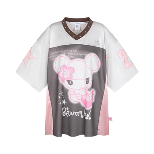 BETWEENANDx鸟鸟一 夏季银色oversize透气T恤拼接短袖球衣女上衣