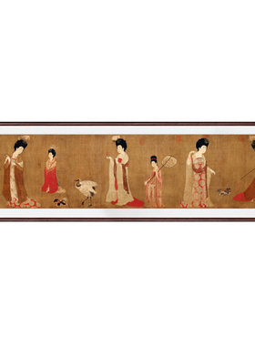 国画簪花仕女图客厅沙发背景墙画