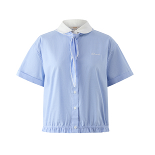 【初见衫】Eland衣恋衬衫女休闲短袖带领结格纹上衣2025冬季新款