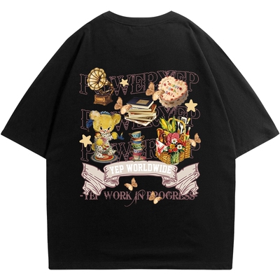 YEP复古黑色印花短袖t恤女夏季