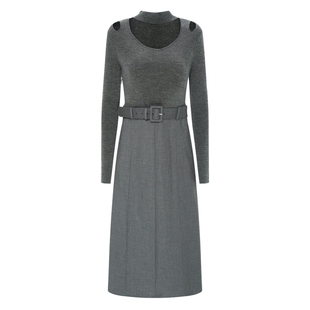 IDPAN时尚拼接连衣裙冬季新款气质通勤挂脖领设计感长袖裙子