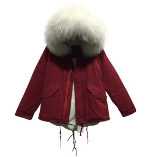 MRS FURS冬新品大码女士尼克服酒红真獭兔毛短款大毛领派克皮草潮