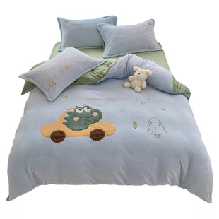 儿童房床上用品秋冬加厚牛奶绒四件套1.5床笠床单被套三件套男孩