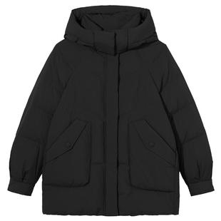 热风女士连帽羽绒服2025年冬季新款中长款泡芙外套