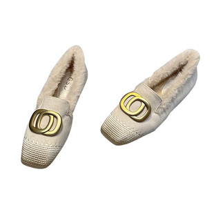 法式加绒毛毛鞋女2025冬季新款复古方头保暖棉鞋方扣平底大码单鞋