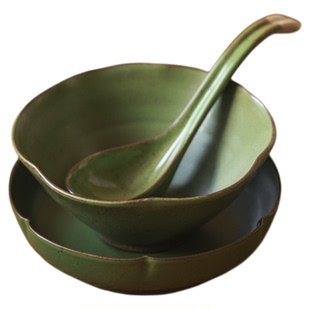 景德镇高温粗陶花口米饭碗绿色勺子一人食家用餐具骨碟日式糕点碟