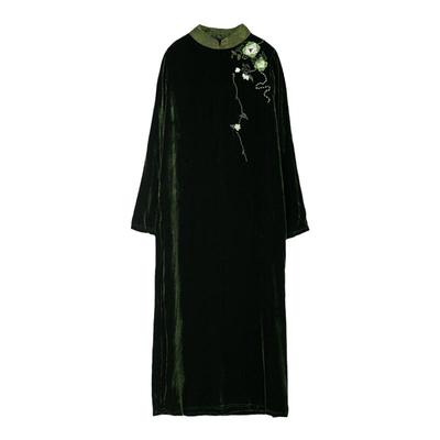 文艺复古旗袍裙真丝手工绣花