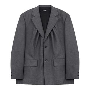 【明星同款】WE11DONE男士经典深灰色抽褶羊毛西装外套