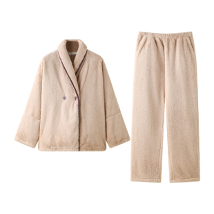 曼系“极简慵懒感”大翻领毛绒宽松睡衣女秋冬高级保暖加厚珊瑚绒