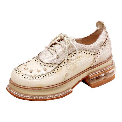 真皮女鞋香柏莲粗跟单鞋女防水台