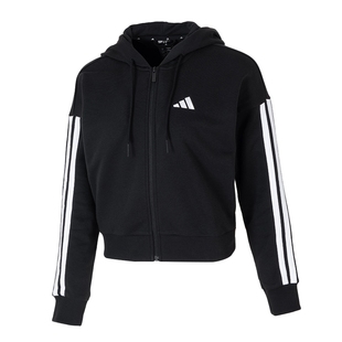 阿迪达斯女装运动套装黑色连帽外套收口长裤子2025冬季新款两件套