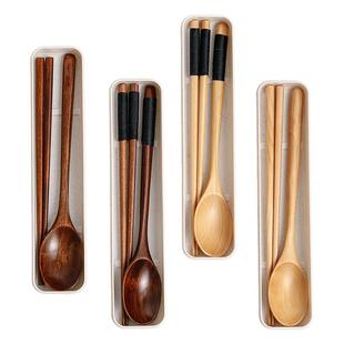 筷子勺子套装木质一人用便携式餐具三件套儿童学生专用外带收纳盒