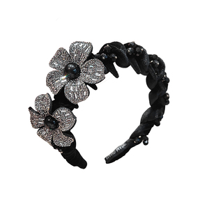 韩版新款秋冬丝绒满钻花朵带齿发箍女高颅顶头箍气质高级感发卡