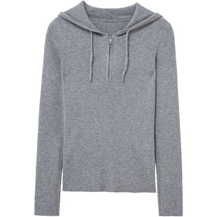 布景毛衣女冬季新品简约休闲连帽半拉链设计感修身打底针织衫1862