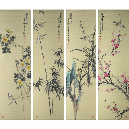 四条屏国画梅兰竹菊花鸟画齐鲁画院水墨画作品真迹客厅字画纯手绘