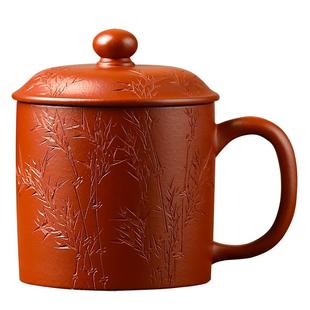 高端宜兴紫砂杯名家李建军纯手工泡茶杯刻绘盖杯赵庄老朱泥220cc