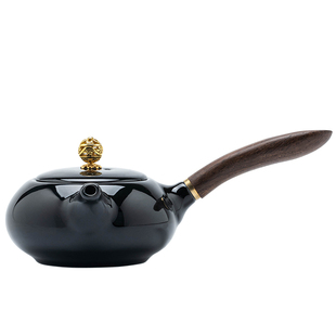 黑釉木柄侧把壶陶瓷功夫茶具零配建盏茶壶单个家用日式创意泡茶器