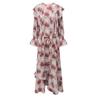 COCOBELLA玫瑰晕染印花荷叶边大摆连衣裙女优雅飘逸长裙FR3037