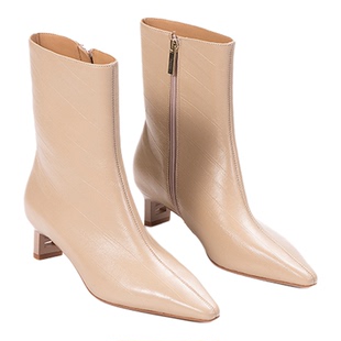 heelz设计师手工鞋履 ｜立构美学H小猫跟鳗鱼纹羊皮短靴4.5公分