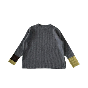 老米家 袖子拼接撞色设计圆领宽松打底衫灰色针织上衣女套头毛衣
