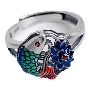纯银招财转运彩色烧蓝珐琅锦鲤莲花戒指古装汉服旗袍宫廷饰品开口