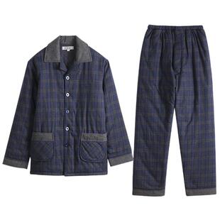 美标男士纯棉加厚睡衣秋冬三层夹棉保暖格子全棉质休闲家居服套装