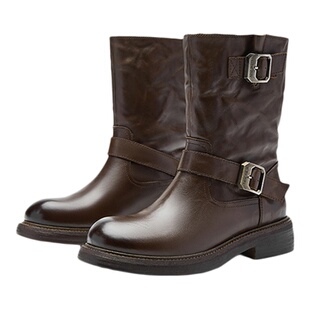 Nine West/玖熙美拉德风西部棕色骑士中筒靴子女短靴西部靴时装靴