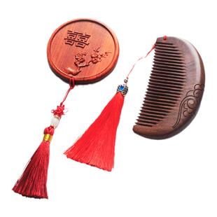 天然檀木梳子镜子套装女士定制刻字婚庆木梳一对礼物结婚对梳礼盒