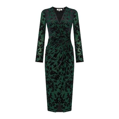 DVF黑绿藤蔓丝绒烧花V领连衣裙